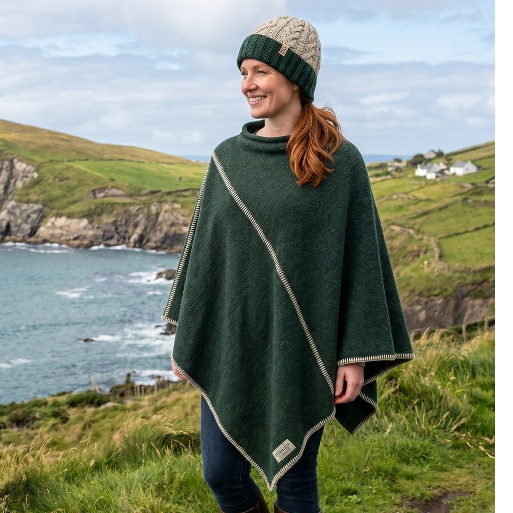 Glenrua Ireland Poncho Women Forest Green Excellent Wool Blend